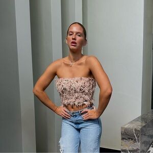 ZARA Blush Pink Feather Sequin Party Top